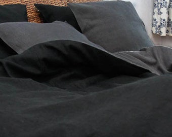 Double Color, Color Block,Black and Charcoal Gray Linen Bedding Set in Queen, King