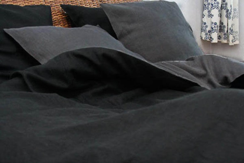 Black and Charcoal Gray Linen Bedding Set in Queen King Etsy