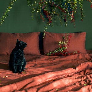 May include: A black cat sits on a bed with rust-colored linen bedding. The bed is against a dark green wall with a leafy branch with red berries hanging above it.