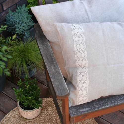 Linen Pillow Cover/ Natural Linen/ Linen Lace/ Living Room Etsy