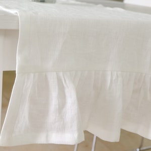Line table runner with ruffles. Ruffled linen table runner.