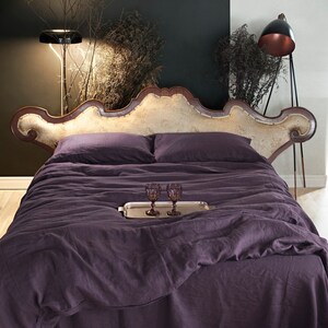 Aubergine/Dark Purple color Linen Bedding set. Queen King Duvet cover and Pillow cases 3pcs image 2