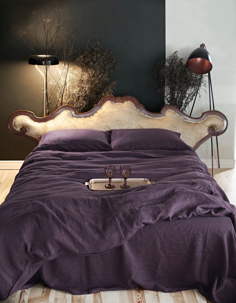 Aubergine/Dark Purple color Linen Bedding set. Queen King Duvet cover and Pillow cases 3pcs image 2