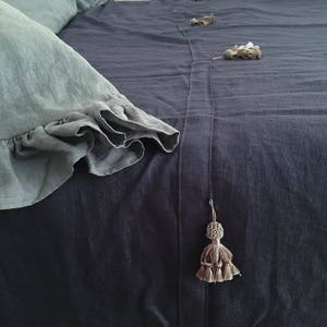 Charcoal Gray Linen Bed Throw with Tassel decor, Boho style image 2