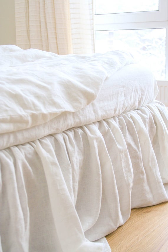 Linen Bed Skirt In White Or Milk Handmade Dust Ruffle Image 0