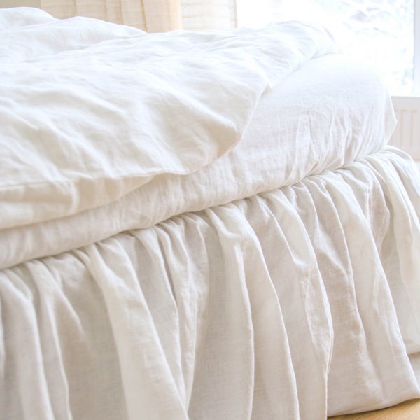 Linen Bed Skirt in White or Milk White, Handmade Dust Ruffle, Queen Gathered Skirt