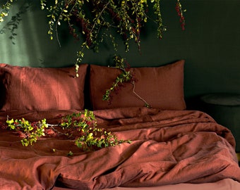 Housse de couette en lin rouge Uluru / terre cuite | 100 % lin doux et naturel pour grand lit, très grand lit et grande taille | Livraison gratuite/Orange brûlé