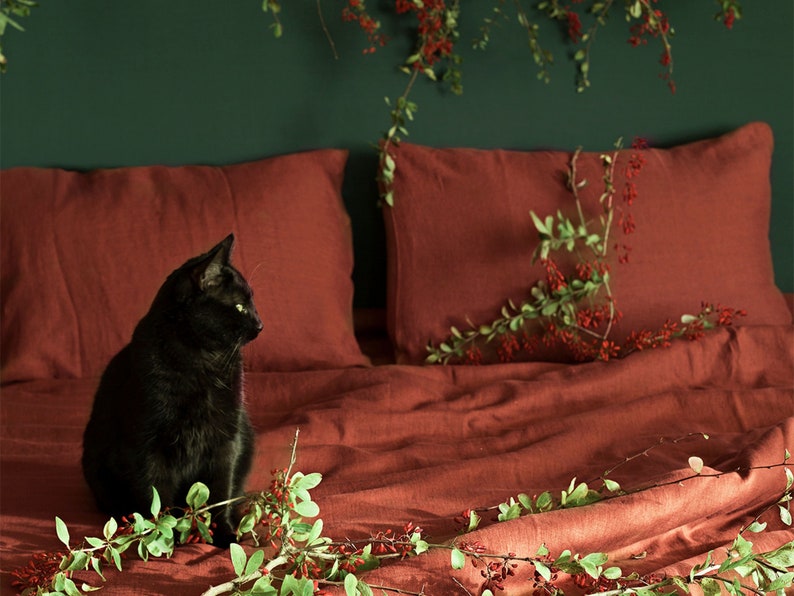 May include: A black cat sits on a bed with red linen bedding. Green leafy vines with red berries are draped over the bed and the wall behind it.