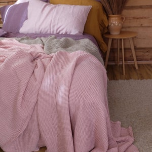 Dusty Rose Waffle textured Linen Blanket/ Heavy Linen Bed Cover