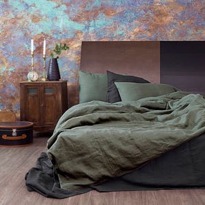 Green Moss Linen Duvet Cover - Available in Full, Twin,Queen, King sizes| Premium Quality Bedding