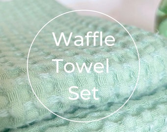 Linen-Cotton Waffle Towel Set, Absorbent Bath & Hand Towels