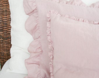 Linen Pillow Case with Wide Ruffles of Softened Linen