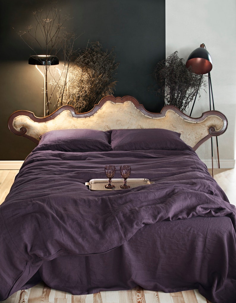 Housse de couette en lin aubergine / violet foncé 100 % lin doux et naturel pour grand lit, très grand lit et grande taille Livraison gratuite image 1