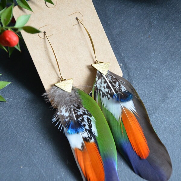 Boucles d'oreilles plumes colorées et laiton