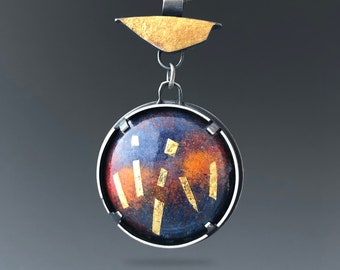 Artistic, Colorful, Gold, Enamel, and Oxidized Silver Necklace Pendant jewelry. One of a kind, hand crafted, unique necklace