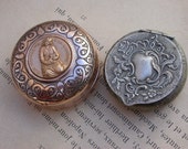 2pcs Antique French silver gold solid bronze powder box Glass mirror flower antique box make up box religious medal box gold engraved
