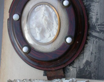 French reliquary antique black wood frame bombe glass sculpture miniature N D de lourdes praying Holy water font shell white glass beads