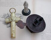 3pcs French Antique reliquary Wrought iron candle holder church candle stick cross angel Saint Francesco statue