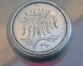 french antique silver ton metal box engraved flower initial letter F B hand engraved round box