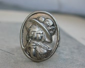 antique sterling silver ring woman portrait 18th century woman feather hat hummered solid silver ring adjustable one of a kind