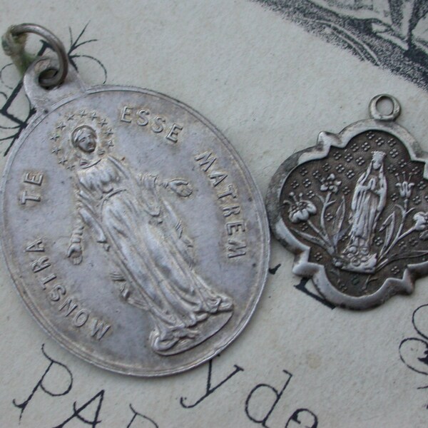 2pcs French antique large 19th century sterling silver religious medal virgin mary large sterling ornate our lady rose lys flower