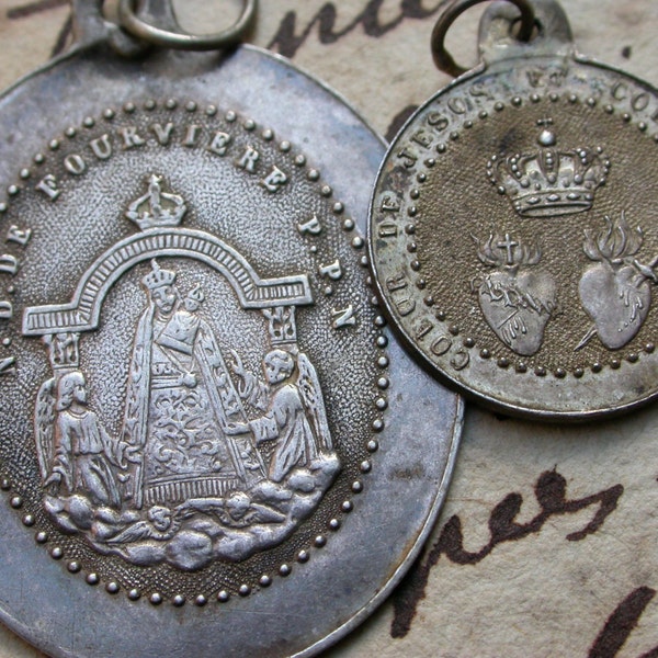 lot 7pcs antique Sterling silver  religious medals virgin mary our lade 19th century pendant Sacred Heart Loudes St Hube antique charm