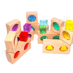 Building block cubes, beginner starter set, Acrylic cubes Rainbow, Montessori toddler set, Waldorf light material light and colors