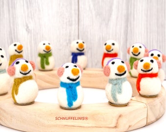 Filz Schneemänner bunter Schal, Stecker Grimm Jahresring, Geburtstag Stecker gefilzt, fröhlich Schneemänner, Kindergeburtstag Winter gefilzt