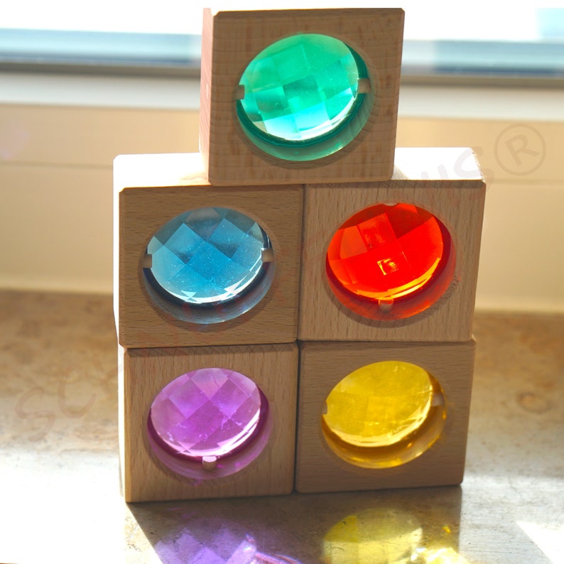 Building block cubes, beginner starter set, Acrylic cubes Rainbow, Montessori toddler set, Waldorf light material light and colors SET4