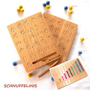 子孫の木の板の文字、数字の文字を書く練習、ABCの書き方の学習、就学前のスイング練習モンテッソーリ、書き方の学習