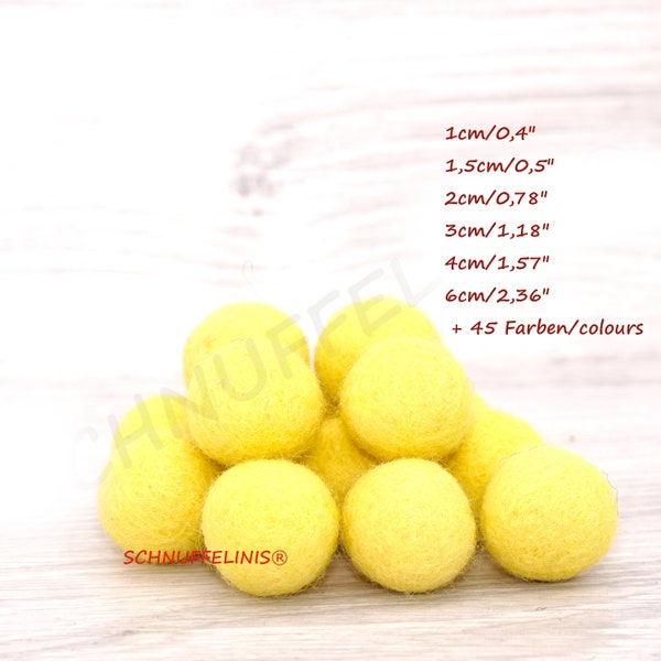 felt balls yellow, shades of yellow felt balls, 45 colors in 7 sizes, Montessori garlands, Baby Mobile, Waldorf stockings, yellow cat toy