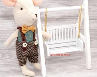 Columpio de ratón, cama de muñecas, ratones, columpio de Hollywood, casa de muñecas, columpio de madera, familia de ratones, familia de ratones de tela, columpio de madera, lacado blanco