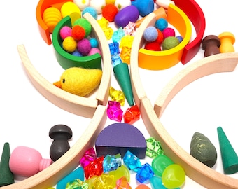 Juego de 15 bloques de construcción de madera arcoíris, arcoíris colorido con arcos de madera natural, regalo Montessori para bebé, juguete de madera arcoíris Waldorf