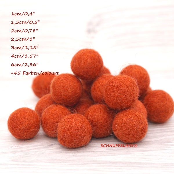 Boules de feutre boules rouges rouille, boules de feutre orange rouge rouille 1 cm - 6 cm, 47 couleurs boules de feutre, jouets pour chats, guirlandes de perles de feutre couronnes coudre