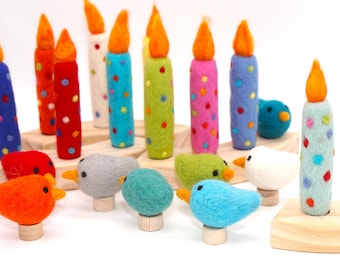 Velas de fieltro con lunares para cumpleaños | Velas de fieltro para mesa de cumpleaños, aros de madera | Velas de fieltro resistentes al fuego | Velas de fieltro reutilizables
