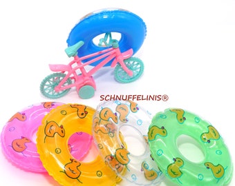 Mini bicycle gnome, miniature swimming tire, bicycle gnome swimm hoops, summer in the doll's house, decorative bathing ducks