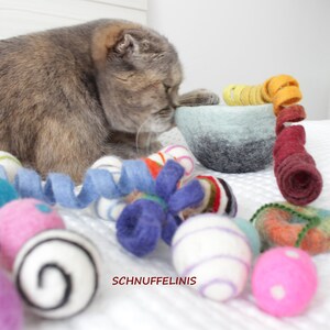以下が含まれることがあります： 灰色の猫が、灰色と青のフェルト製のボウルに鼻を近づけています。ボウルの中には、カラフルなフェルト製の玩具が入っています。玩具には、青と白のストライプのボール、白のドット模様のピンクのボール、緑とオレンジのボール、青い花の形をした玩具、そして長いカラフルなフェルト製のロープがあります。