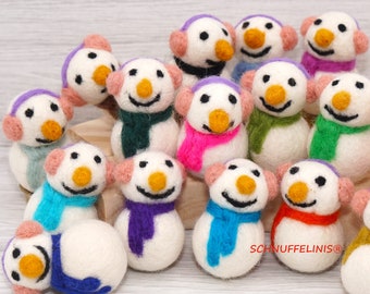 Felt snowmen colourful scarf, snowmen ornaments ear warmer, wool snowmen mini, felt funny gift tags, Christmas tree ornaments