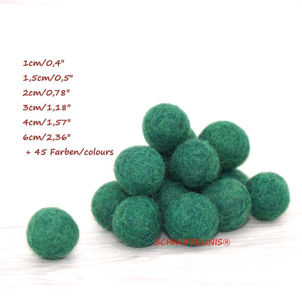 Boules de feutre vert foncé vert, boules de feutre vert clair 2 cm 3 cm 1 cm, perles de feutre pois verts, guirlandes couronnes enfants, boules de laine feutre bébé mobile