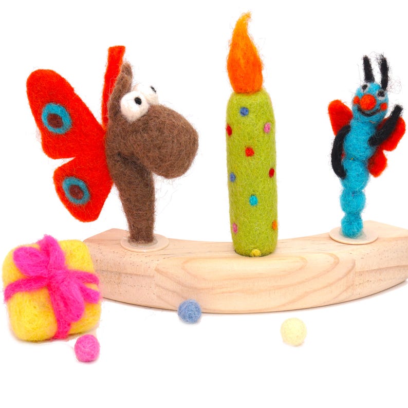 Felt gift birthday | wooden ring figures | gift tags decor | birthday ring plugs | felt wool birthday gift | Grimms plug happy birthday image 14