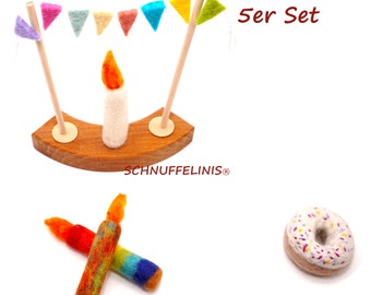 Geburtstags Girlande 5er Set, Filzkerzen Donuts und Girlande Stecker, Grimm Goki Jahresring Geburtstagsgirlande tauglich, Geburstag Kinder