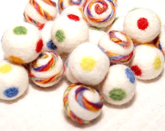 wool felt balls mix rainbow pompoms sets, Montessori felt balls swirly, DIY baby mobile, baby sensory Waldorf material, rainbow felt balls