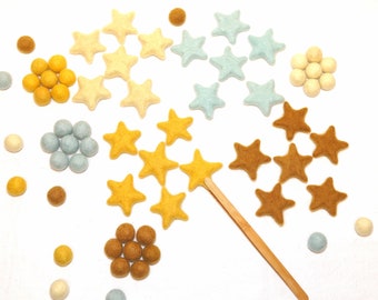 wool felt stars, felted stars mantle garlands, Montessori Baby Mobile, Waldorf Decoration, stars and clouds, wool pompoms, felt balls