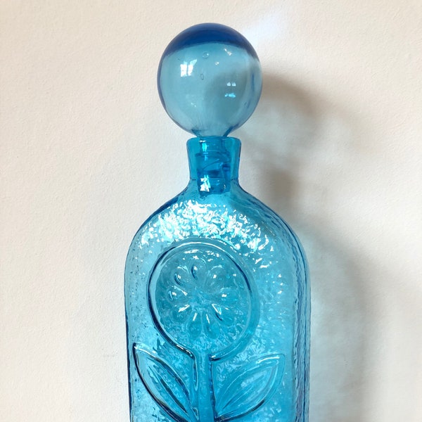 Vintage Wayne Husted Blenko Glass Bottle Decanter Stopper Blue Flower Turquoise, Mid Century, MCM, Floral, Empoli