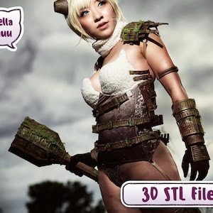 Könnte beinhalten: Eine Frau in einem weißen und braunen Kostüm mit einer moosigen Waffe. Das Kostüm hat einen Pelzkragen und Träger. Die Waffe ist ein großer, moosiger Knüppel. Der Hintergrund ist ein bewölkter Himmel.