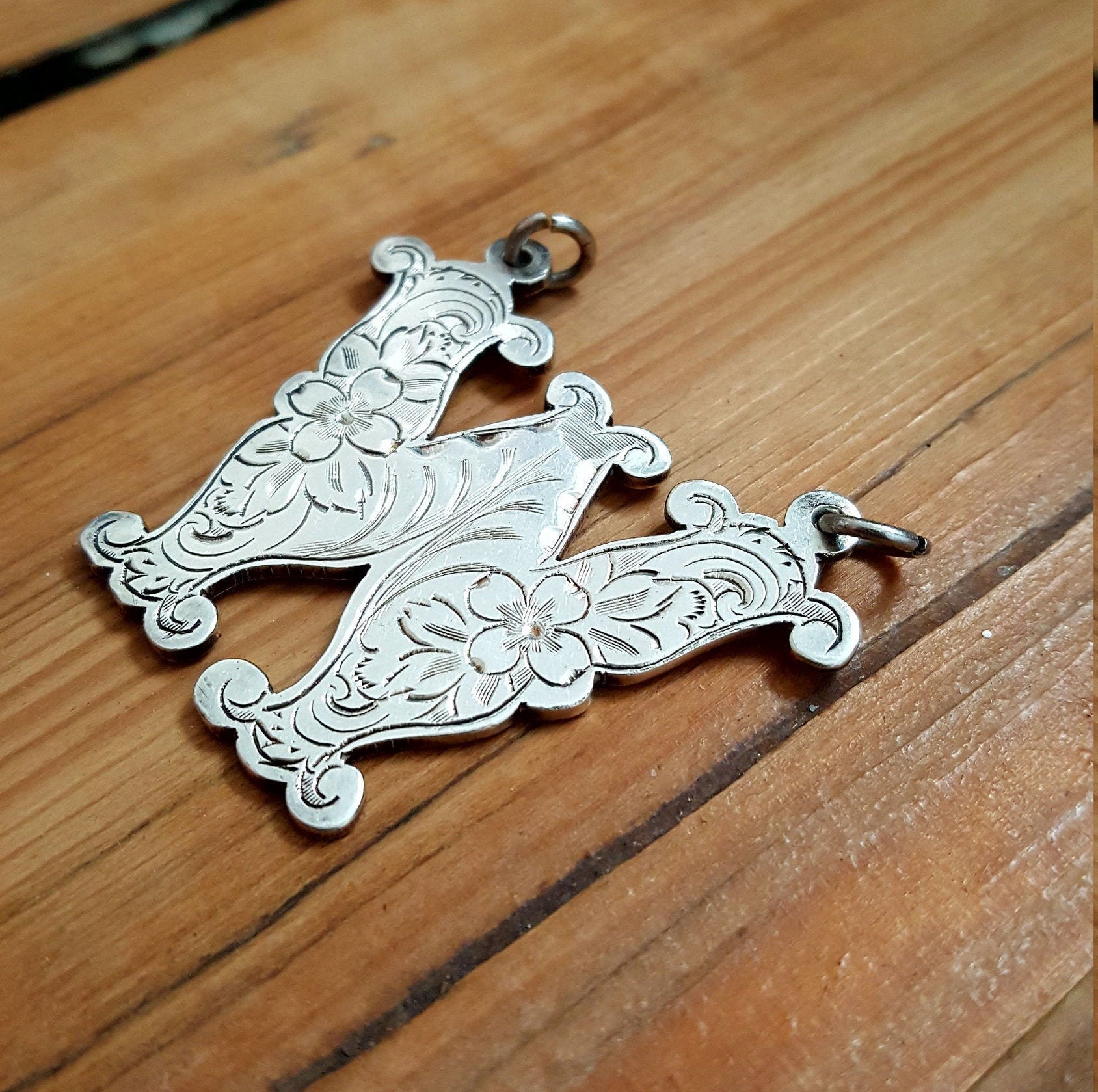 Large Antique Silver W Initial Letter Necklace Pendant With Etsy