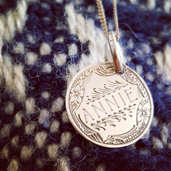 Original Silver Victorian Coin Love Token with name ANNIE Engraved on side circa 1887-1893 Charm Bracelet or Necklace pendant