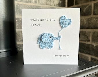 Welcome to the World, It's a Boy, Personalised New Baby Card, Handmade Baby Elephant Card, Crochet Card