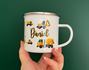 Digger Themed Personalised Enamel Mug, Boys Birthday Gift Idea, Construction Vehicles,  Kids Christmas Gift Idea, Mug Coaster Placemat Set