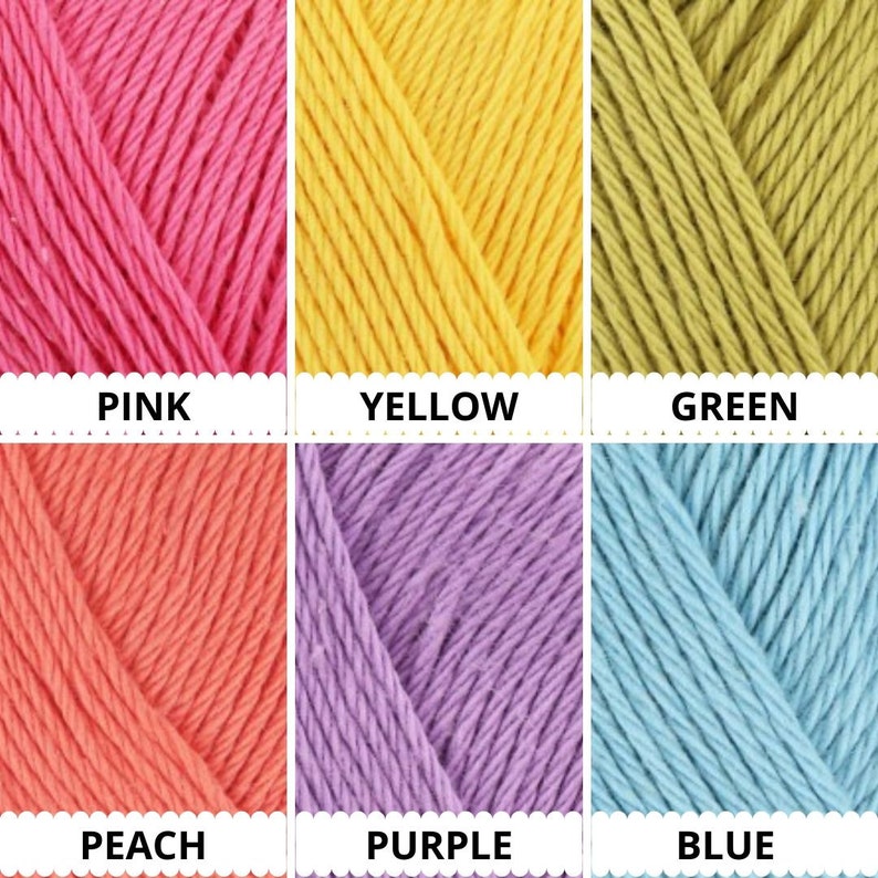Peut inclure: Six pelotes de laine de diff&eacute;rentes couleurs&nbsp;: rose, jaune, vert, p&ecirc;che, violet et bleu. La laine est un m&eacute;lange de coton doux.